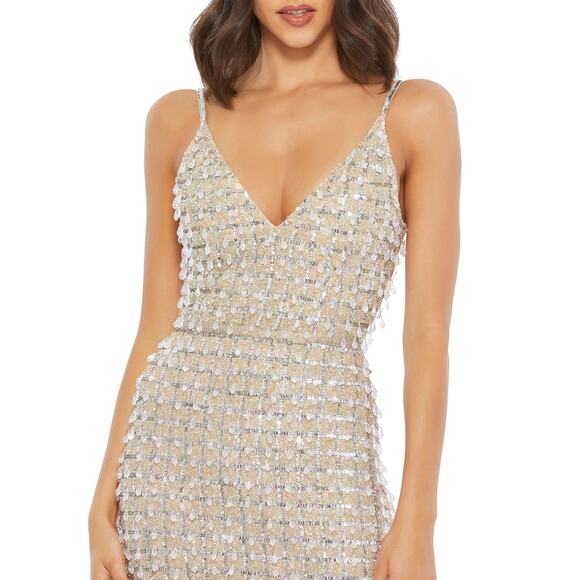 Mac Duggal Geometric Embellished Crystal Drop V-Neck Gown Silver Size 14 NWT - Picture 6 of 12